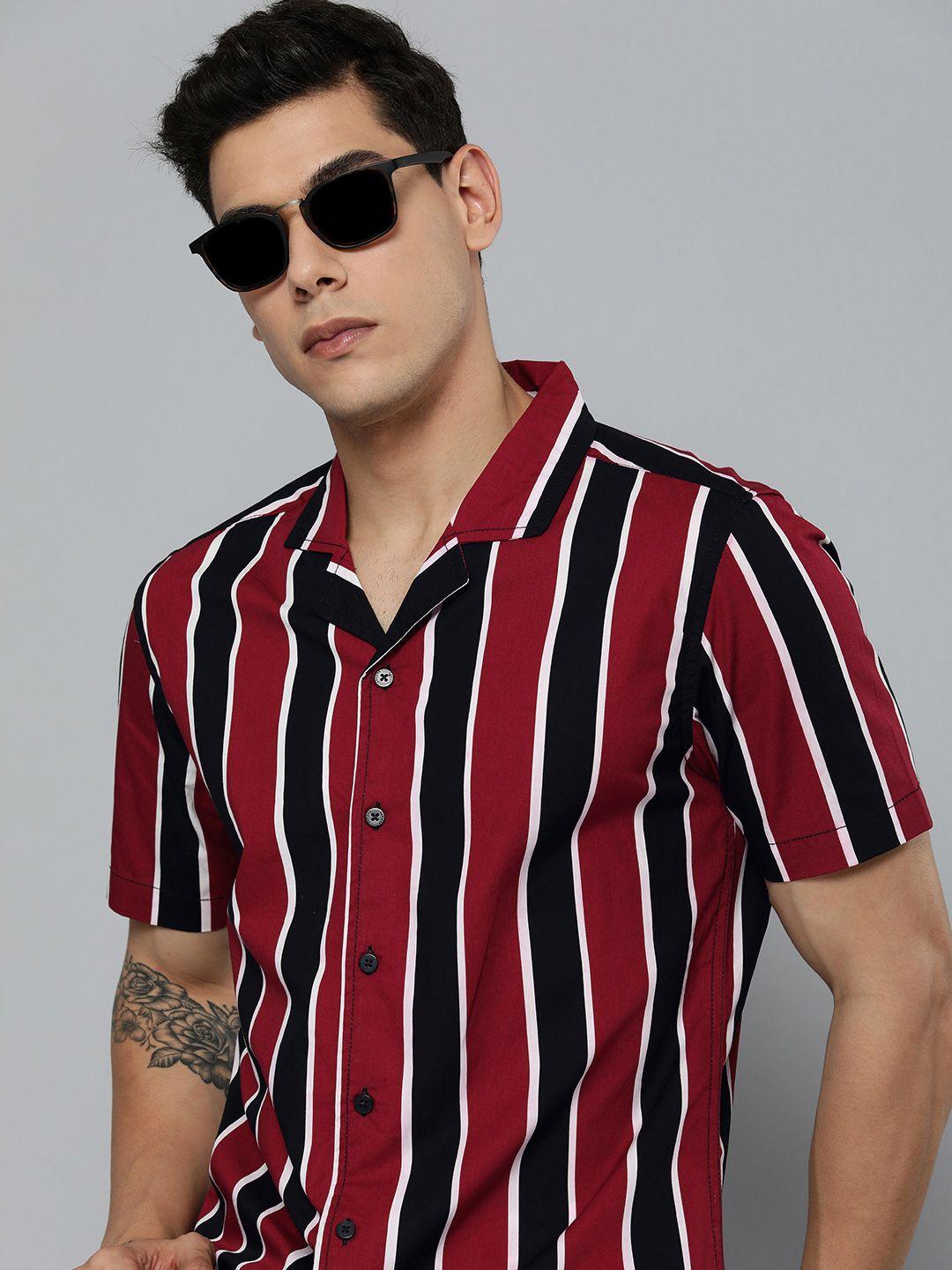 harvard men maroon & black striped casual pure cotton shirt