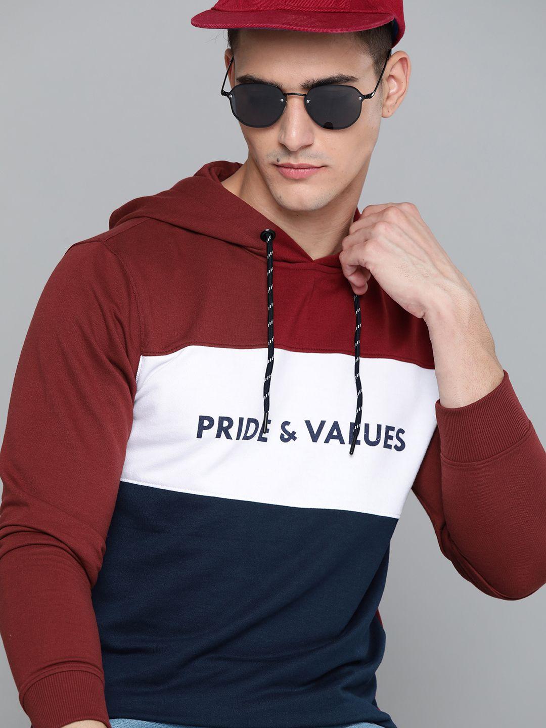 harvard men maroon & navy blue colourblocked hooded sweatshirt