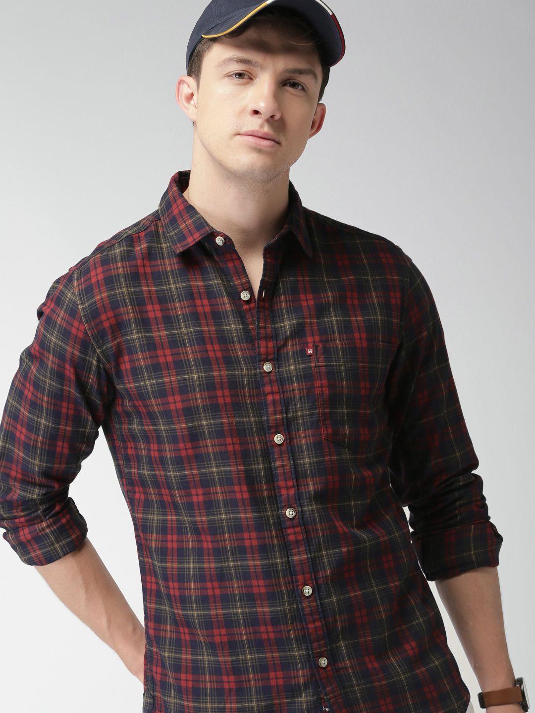 harvard men navy & brown slim fit checked sustainable casual shirt