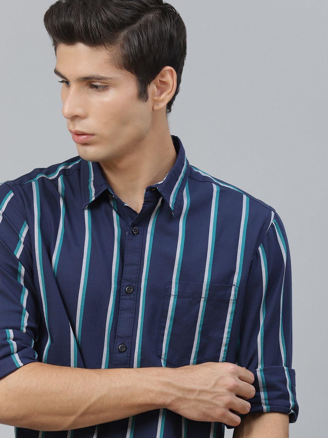 harvard men navy & sea green pure cotton striped casual shirt