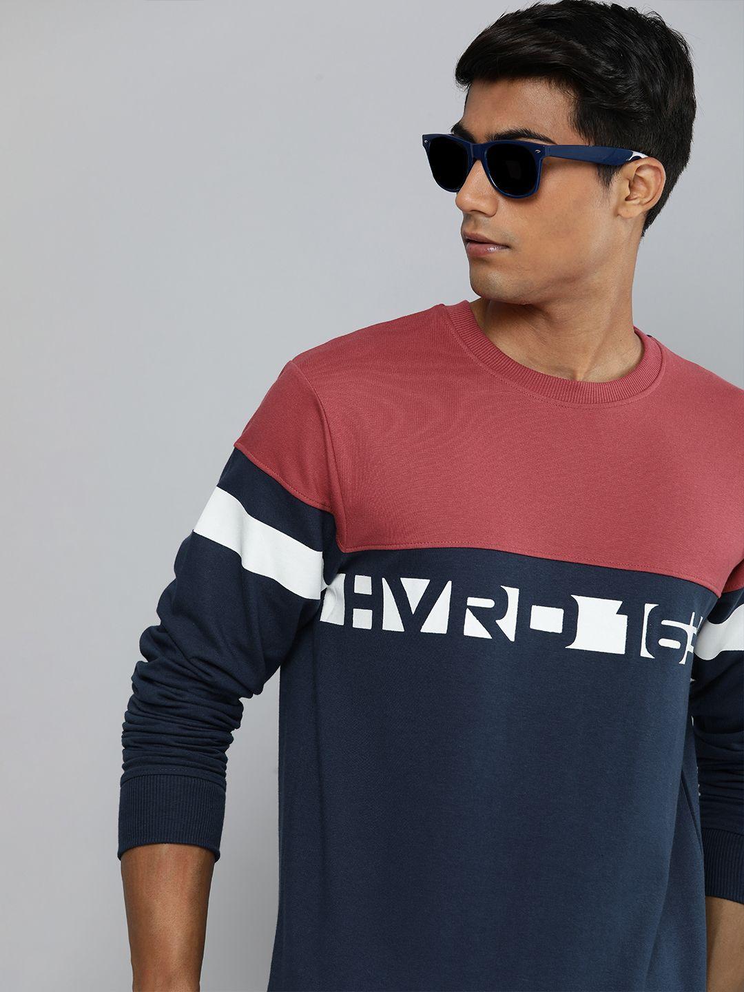 harvard men navy blue & maroon colourblocked sweatshirt with logo detail