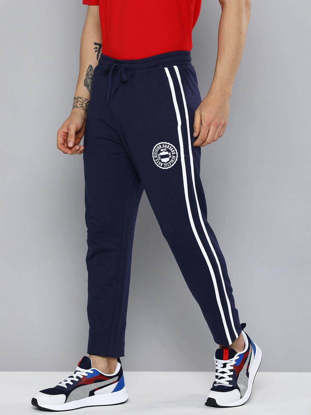 harvard men navy blue brand logo printed regular track pants with side stripes