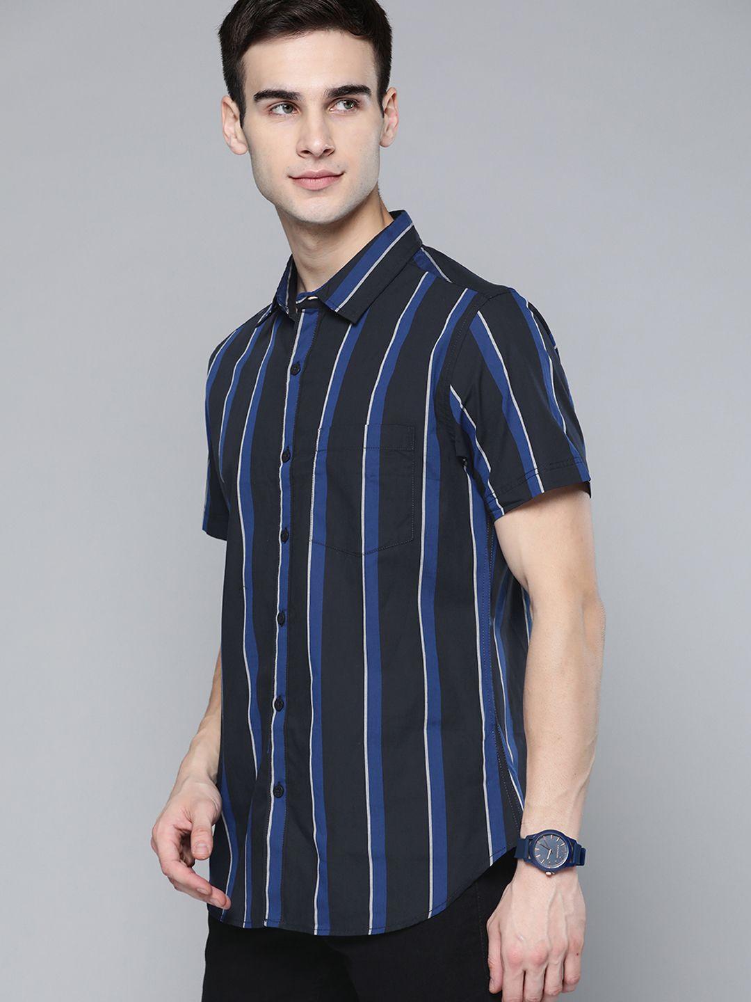 harvard men navy blue striped cotton casual shirt