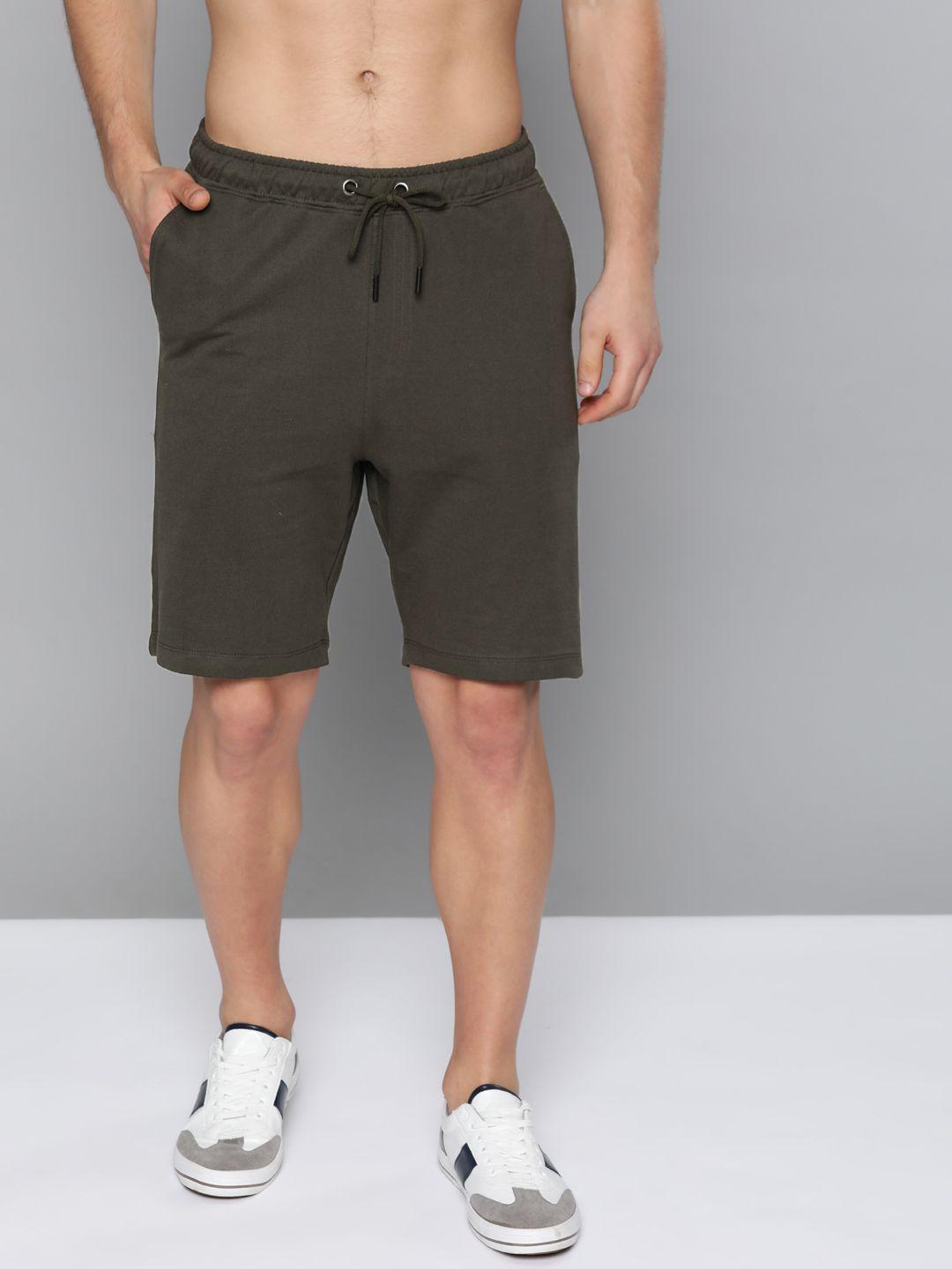 harvard men olive green pure cotton solid regular fit shorts