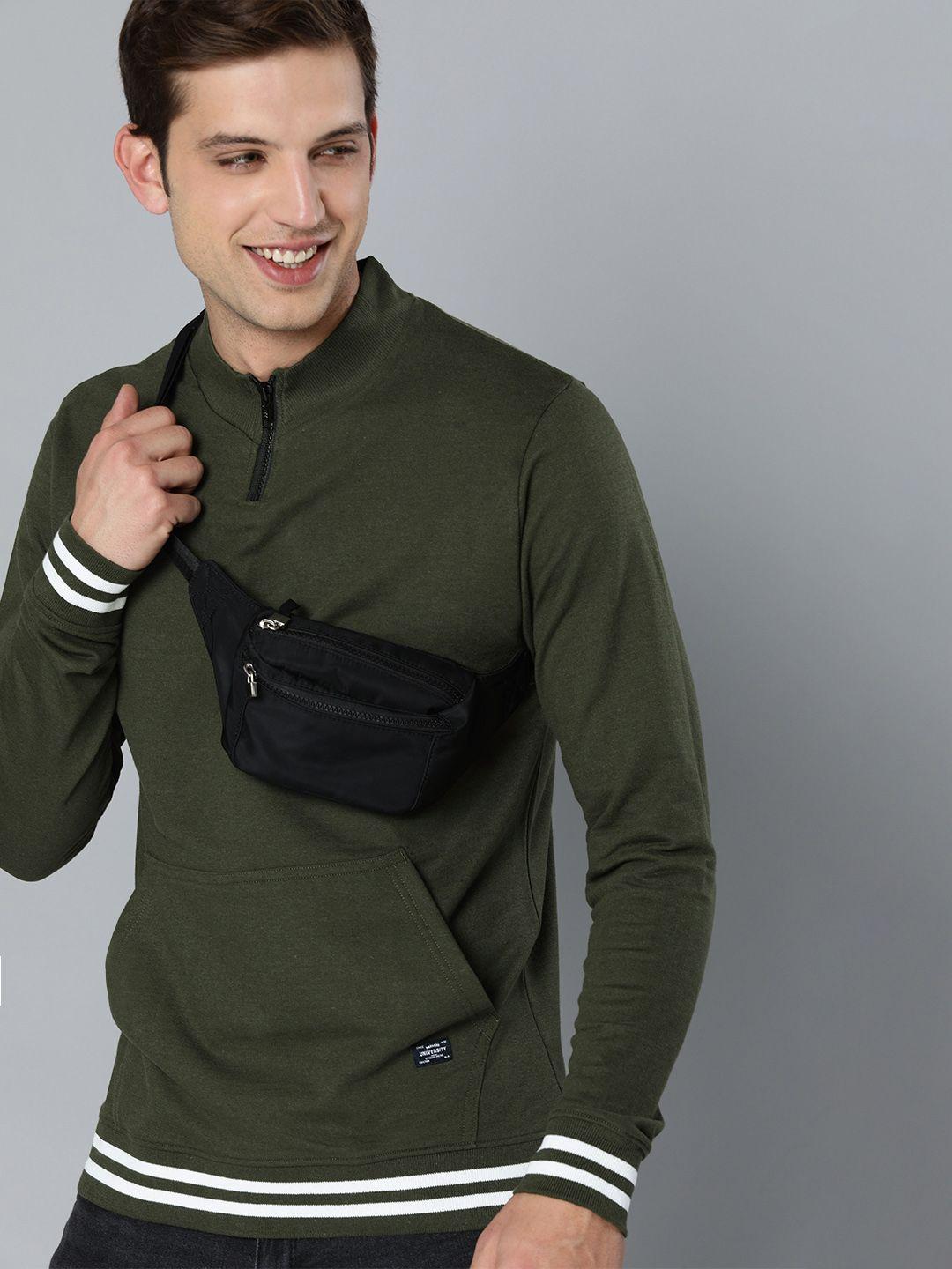 harvard men olive green solid half zipper closure sweatshirt with contrast hem