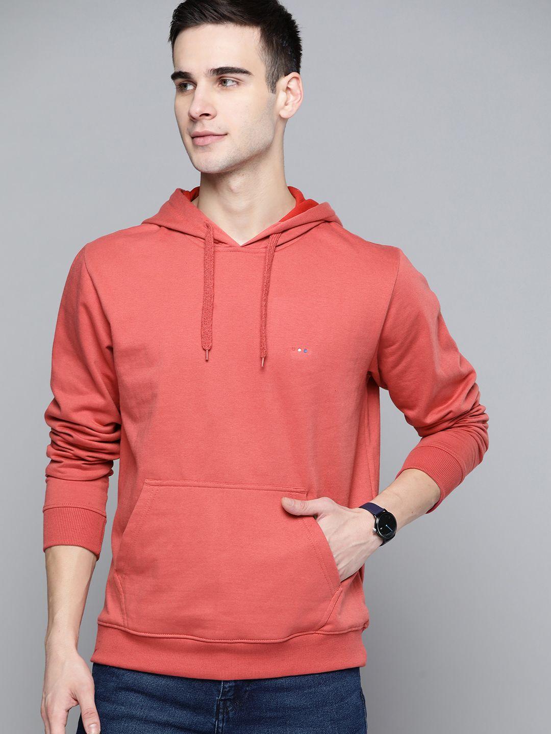 harvard men peach coloured solid hooded kangaroo pocket sweatshirt