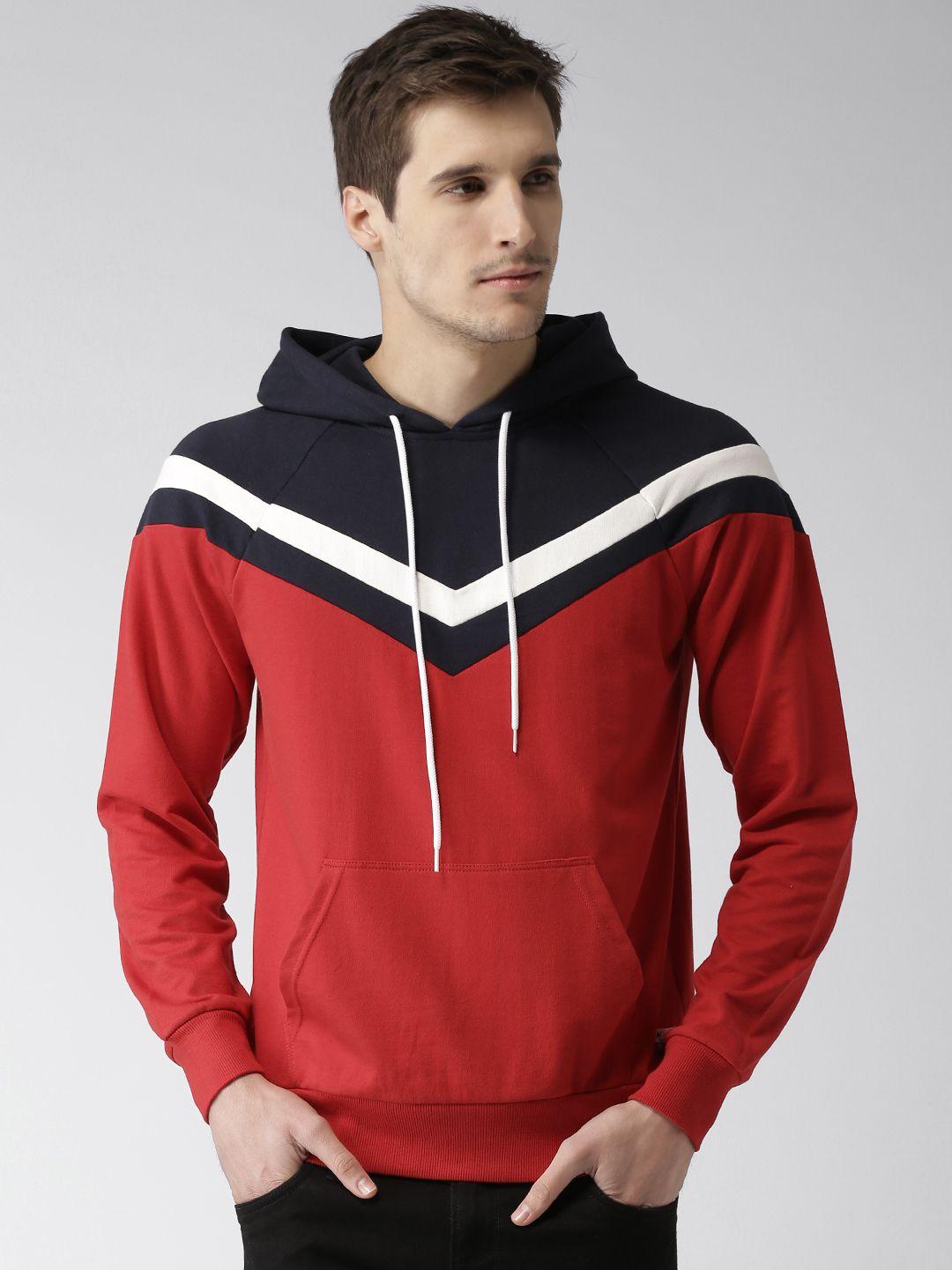 harvard men red & navy blue colourblocked hooded sweatshirt