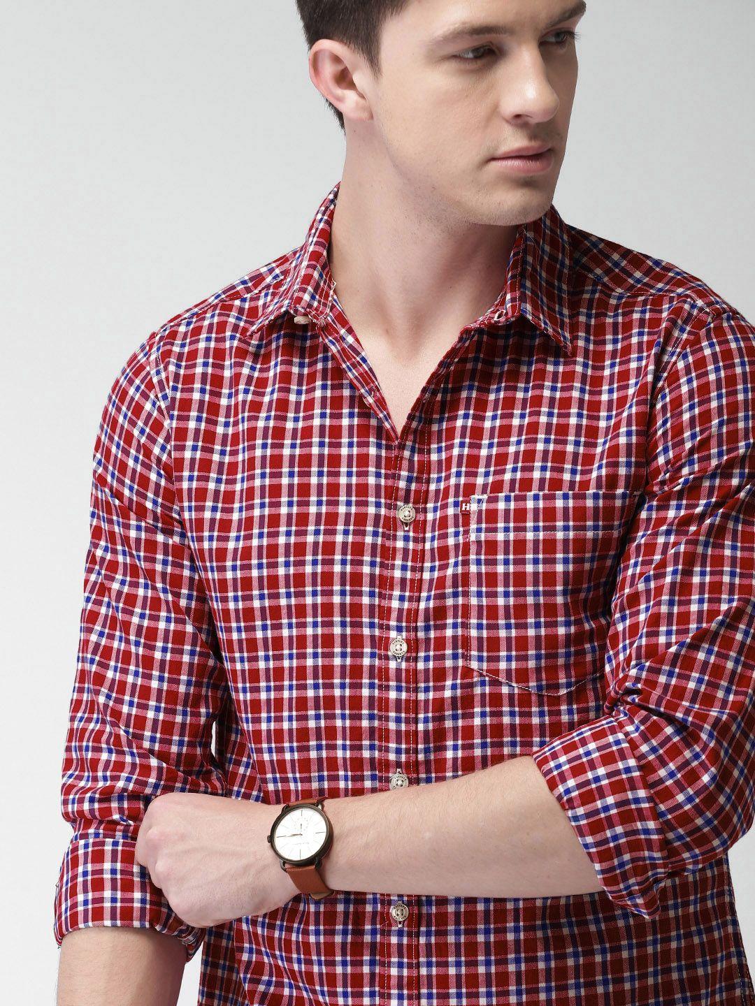 harvard men red & navy blue slim fit checked sustainable casual shirt