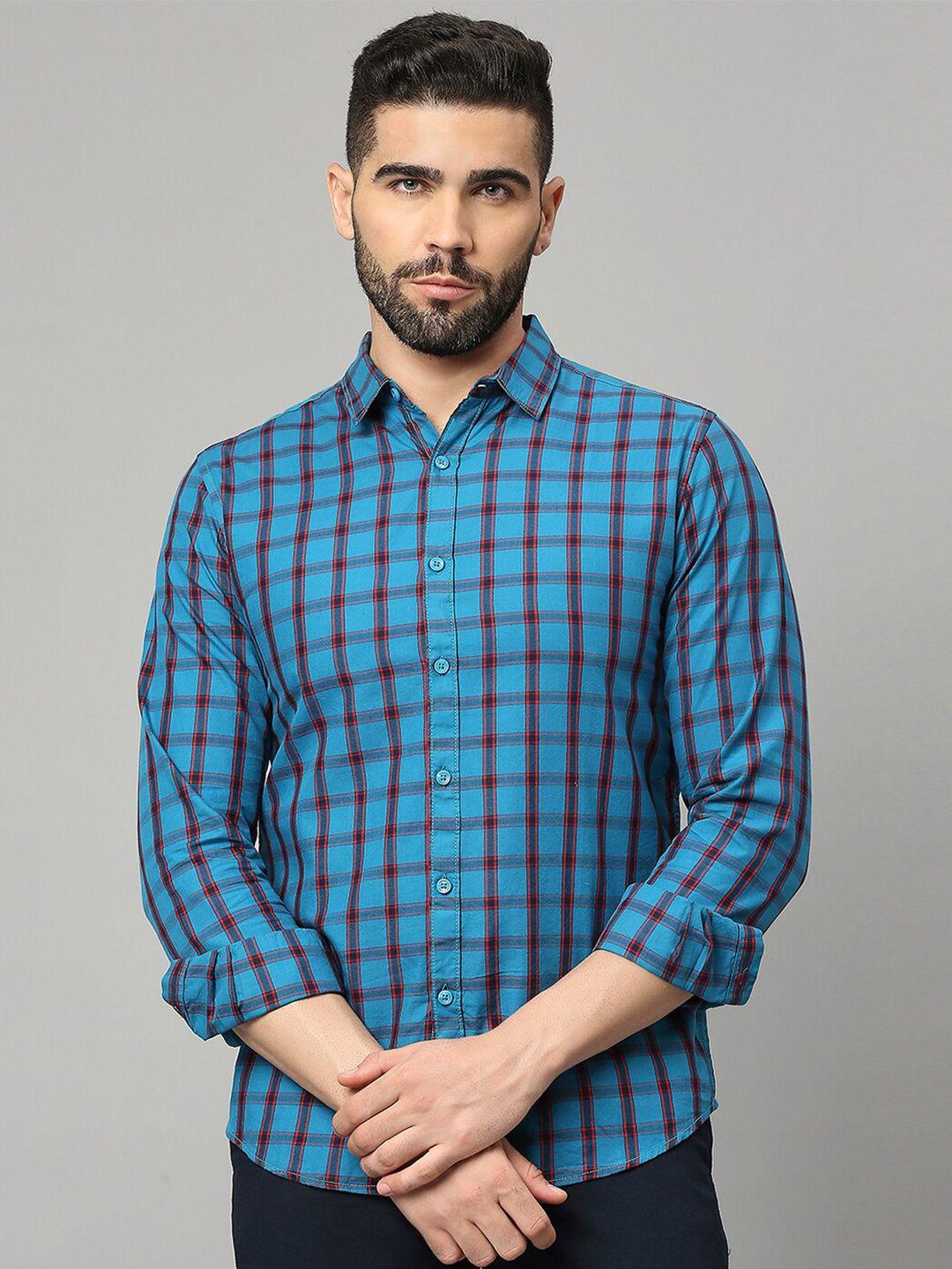 harvard men teal classic slim fit opaque checked casual shirt