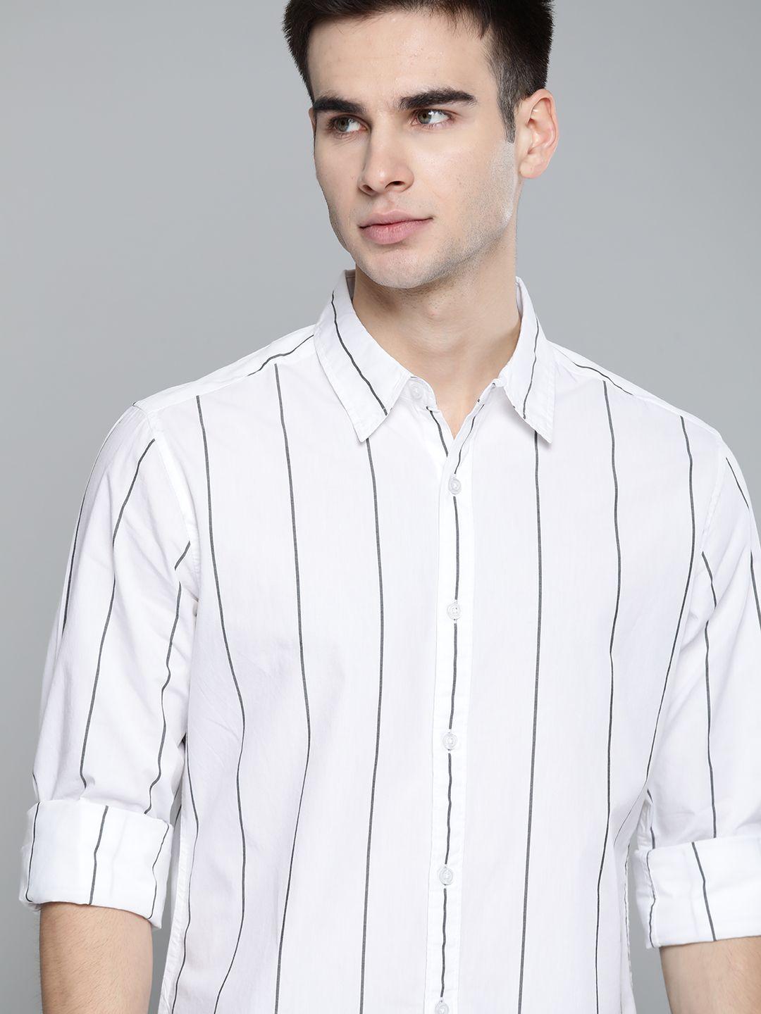 harvard men white & black pure cotton regular fit striped casual shirt