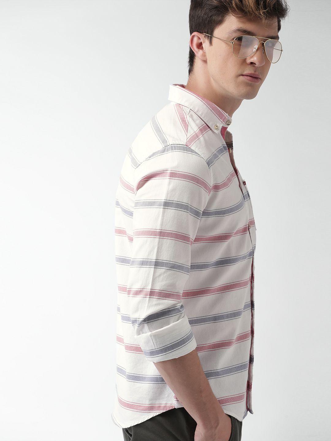 harvard men white & red slim fit striped casual shirt