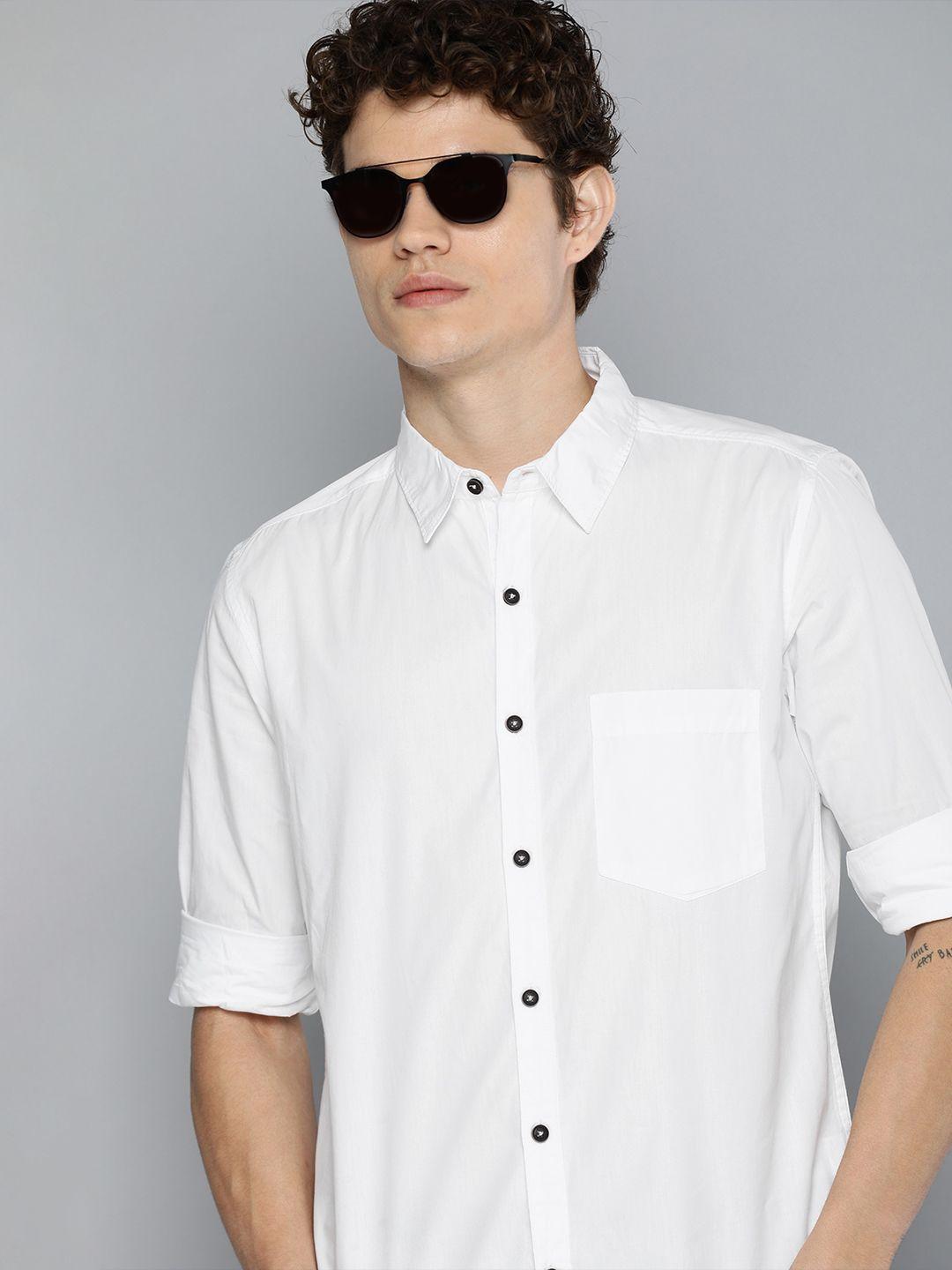 harvard men white solid pure cottoncasual shirt