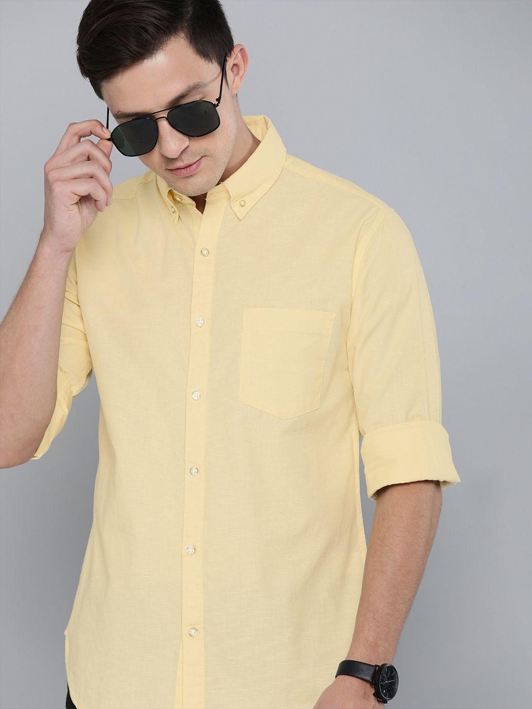 harvard men yellow regular fit solid casual shirt