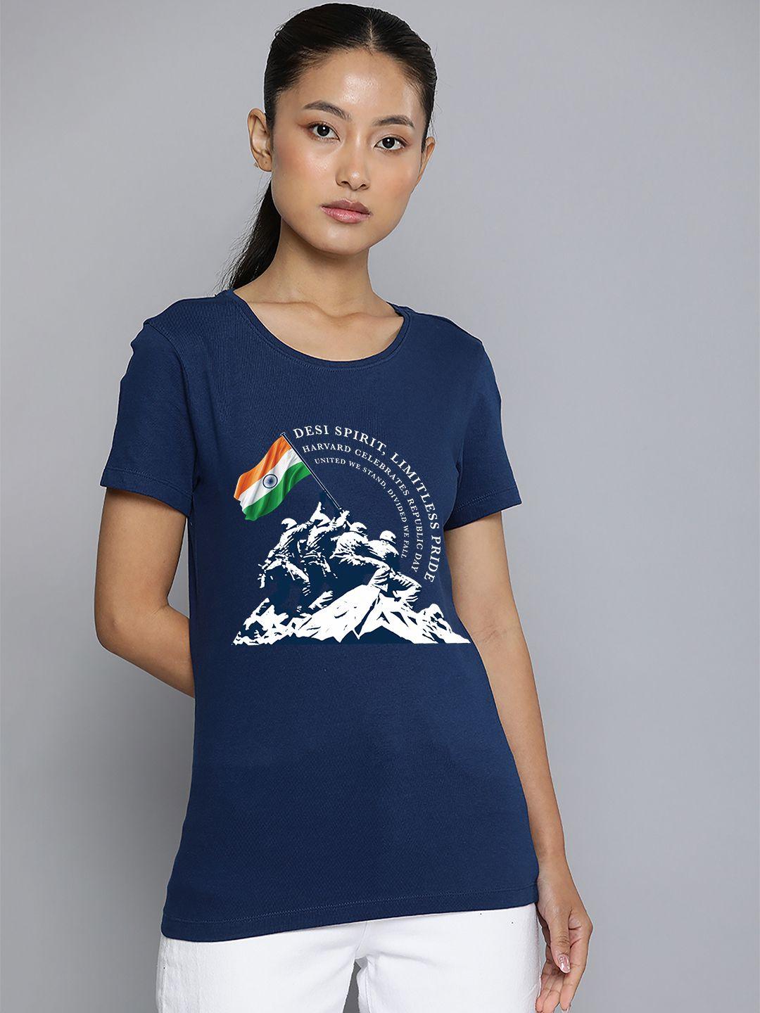 harvard navy blue round neck printed cotton t-shirt