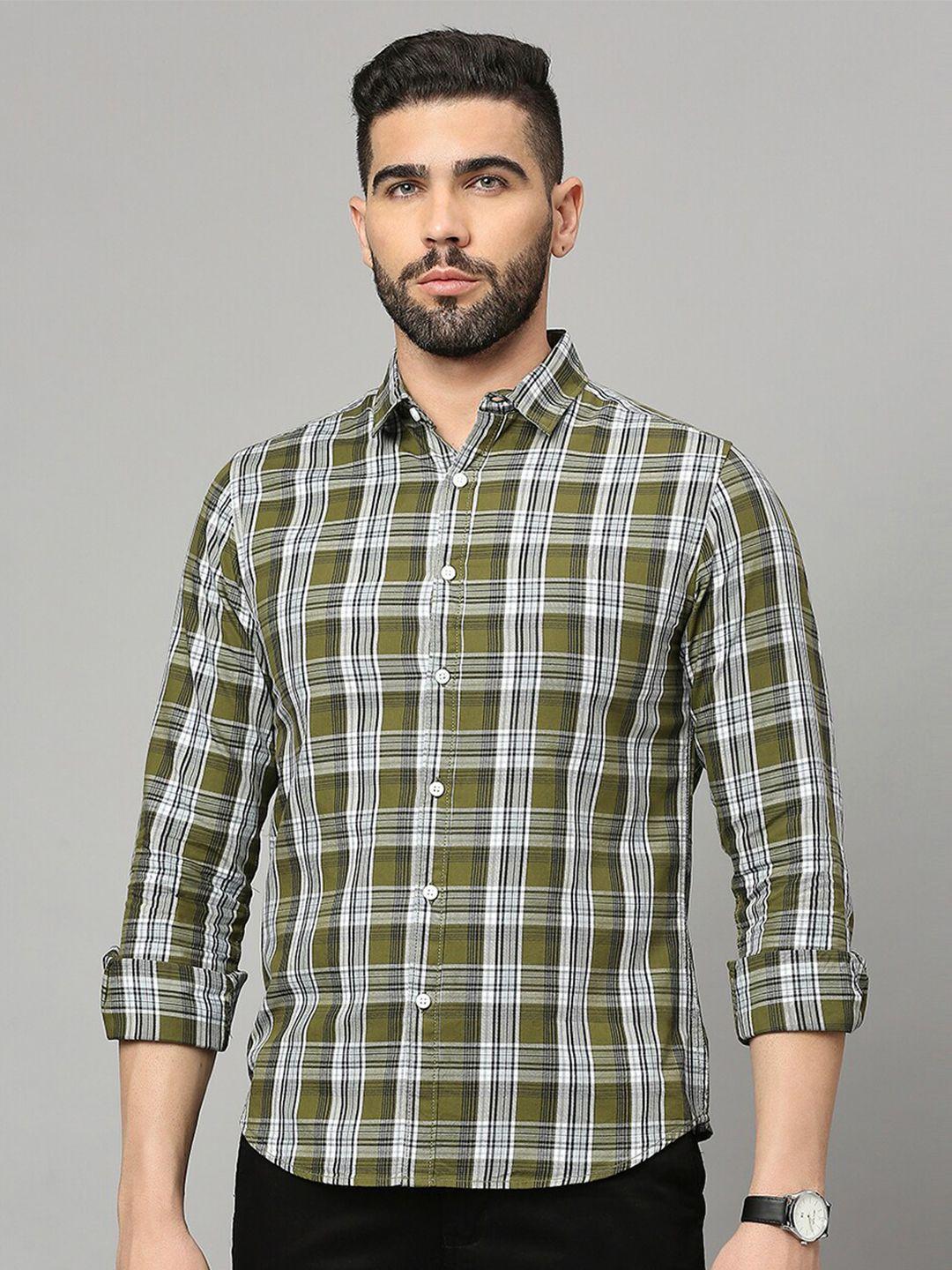 harvard olive green & white classic slim fit tartan checked pure cotton casual shirt