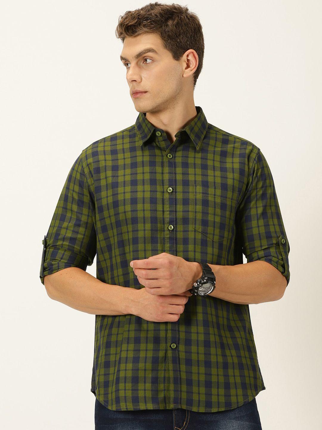 harvard olive green classic slim fit twill tartan checked pure cotton casual shirt