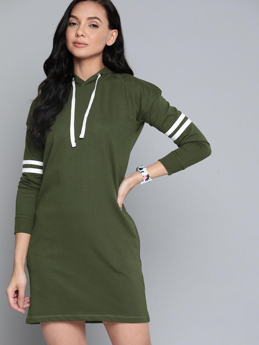 harvard olive green solid hooded sweatshirt dress