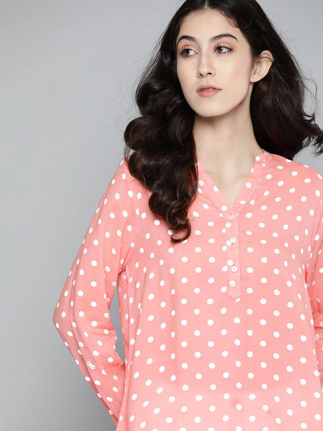 harvard pink & white polka dots print mandarin collar shirt style top