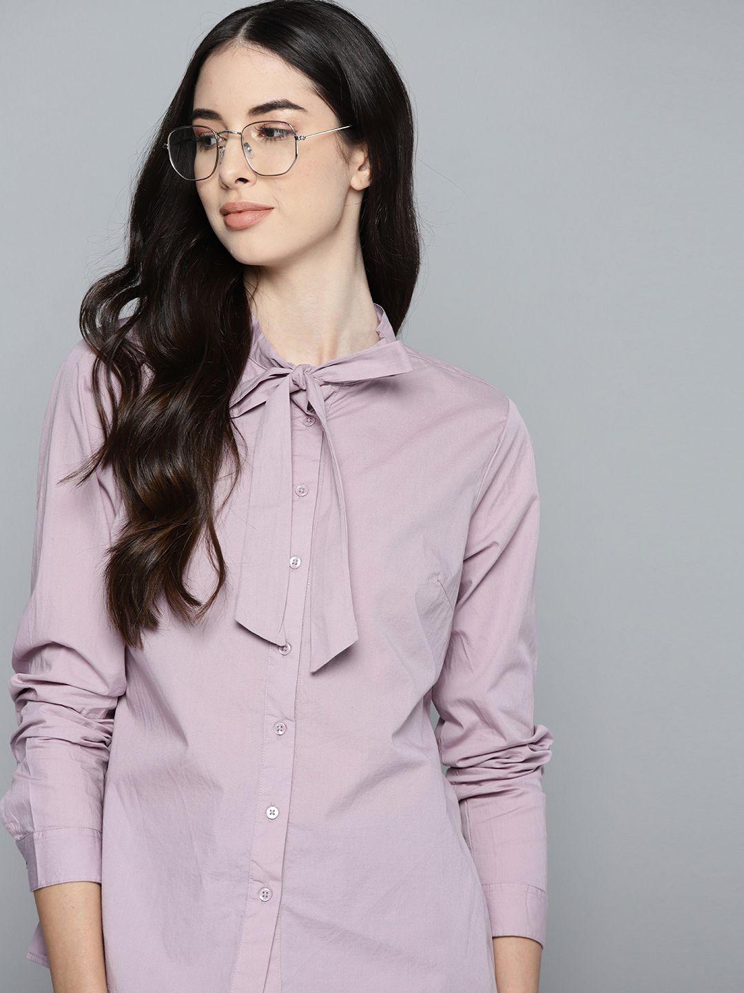 harvard pink pure cotton solid tie-up neck shirt style top