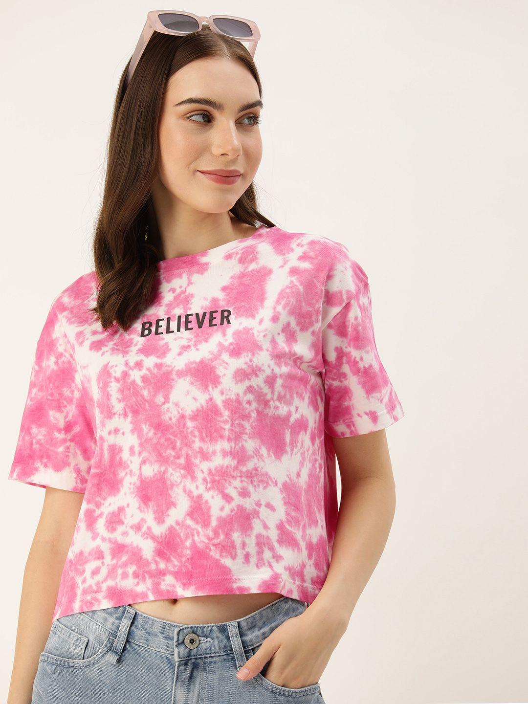 harvard tie and dye printed drop-shoulder sleeves applique crop t-shirt