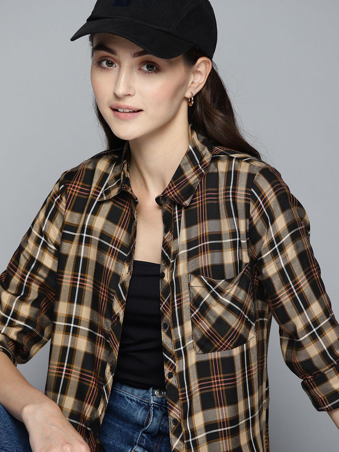 harvard women black & beige tartan checked casual shirt