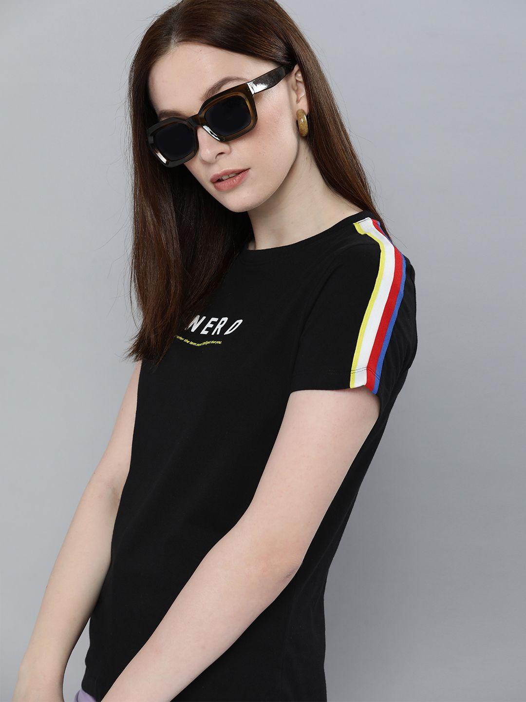 harvard women black & multicoloured colourblocked stripe casual t-shirt