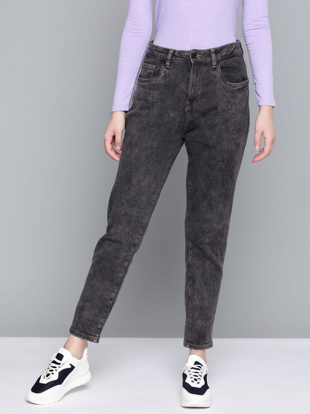 harvard women black boyfriend fit high-rise bleached stretchable cropped jeans