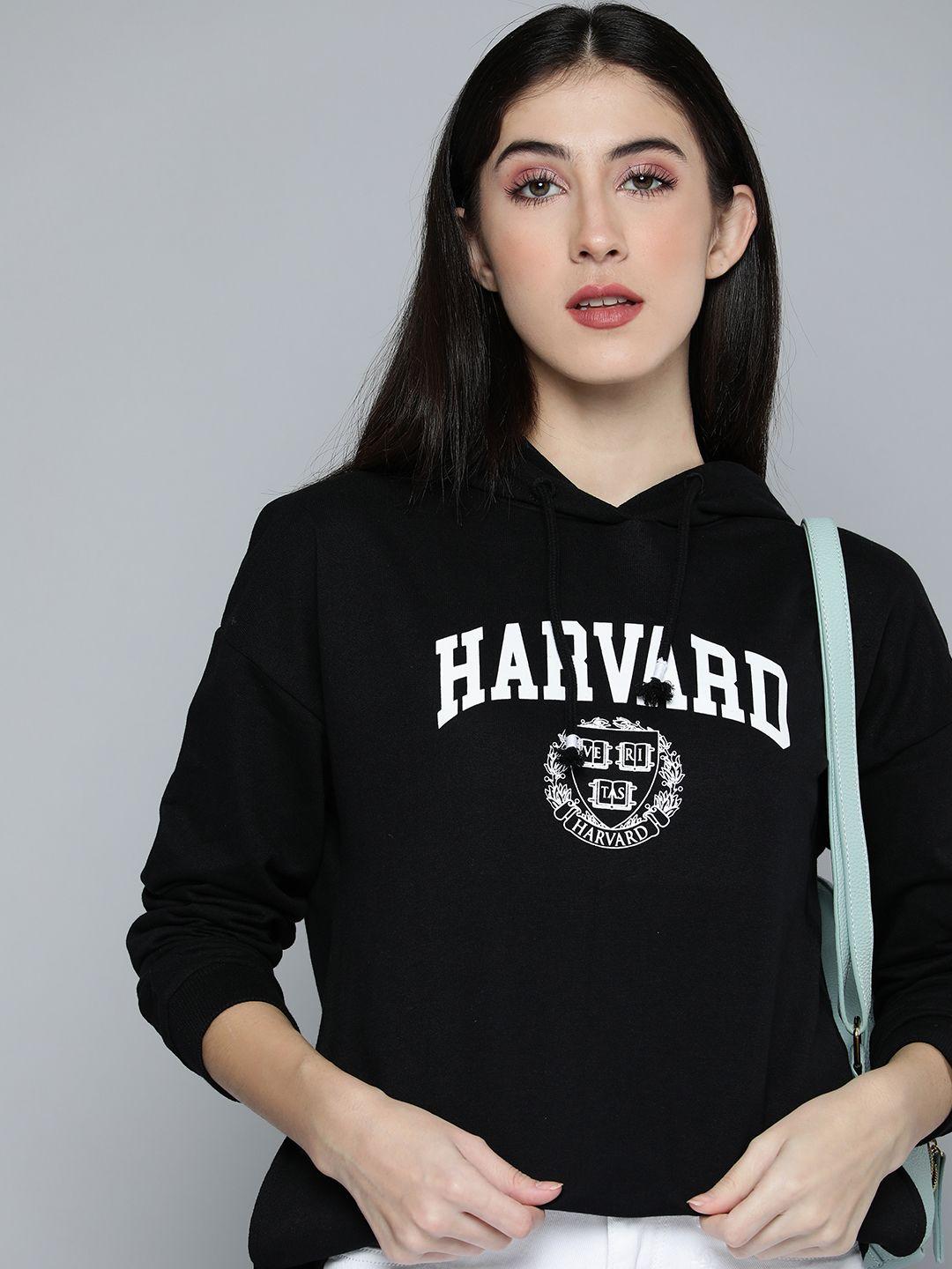 harvard women black brand logo printed hooded sweatshirt