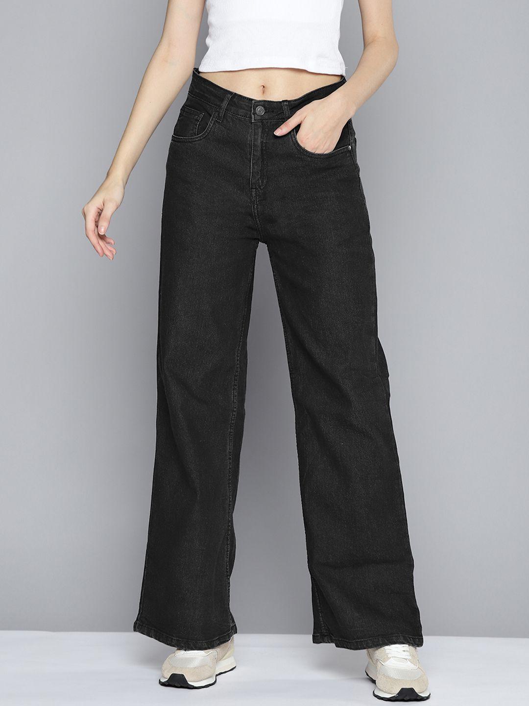 harvard women black solid wide leg stretchable jeans