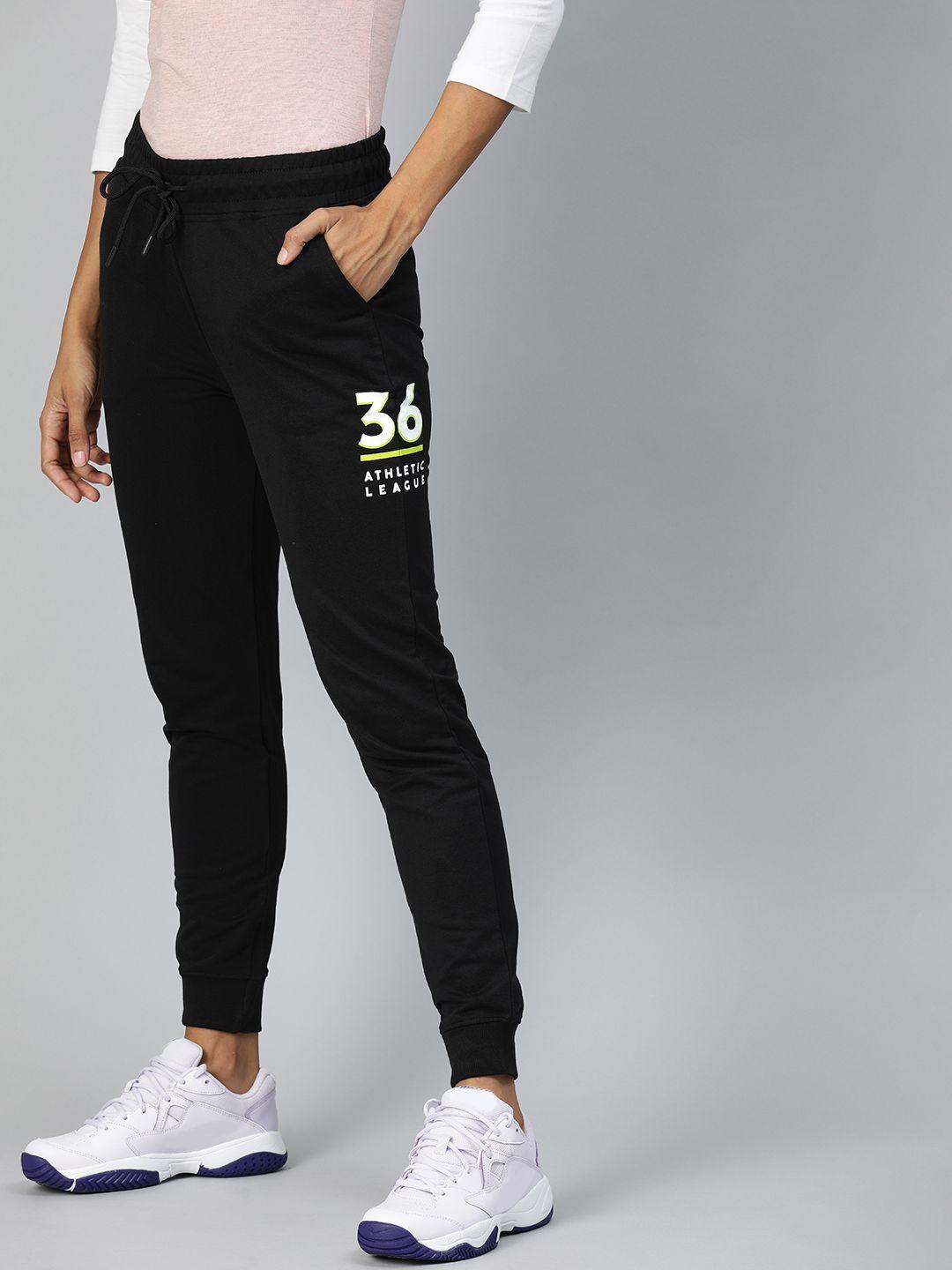 harvard women black straight fit solid joggers with printed detail