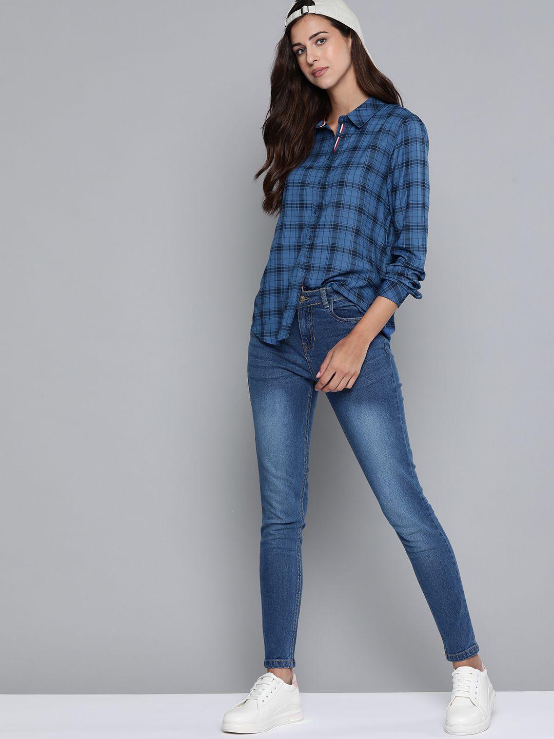 harvard women blue & black tartan checked casual shirt