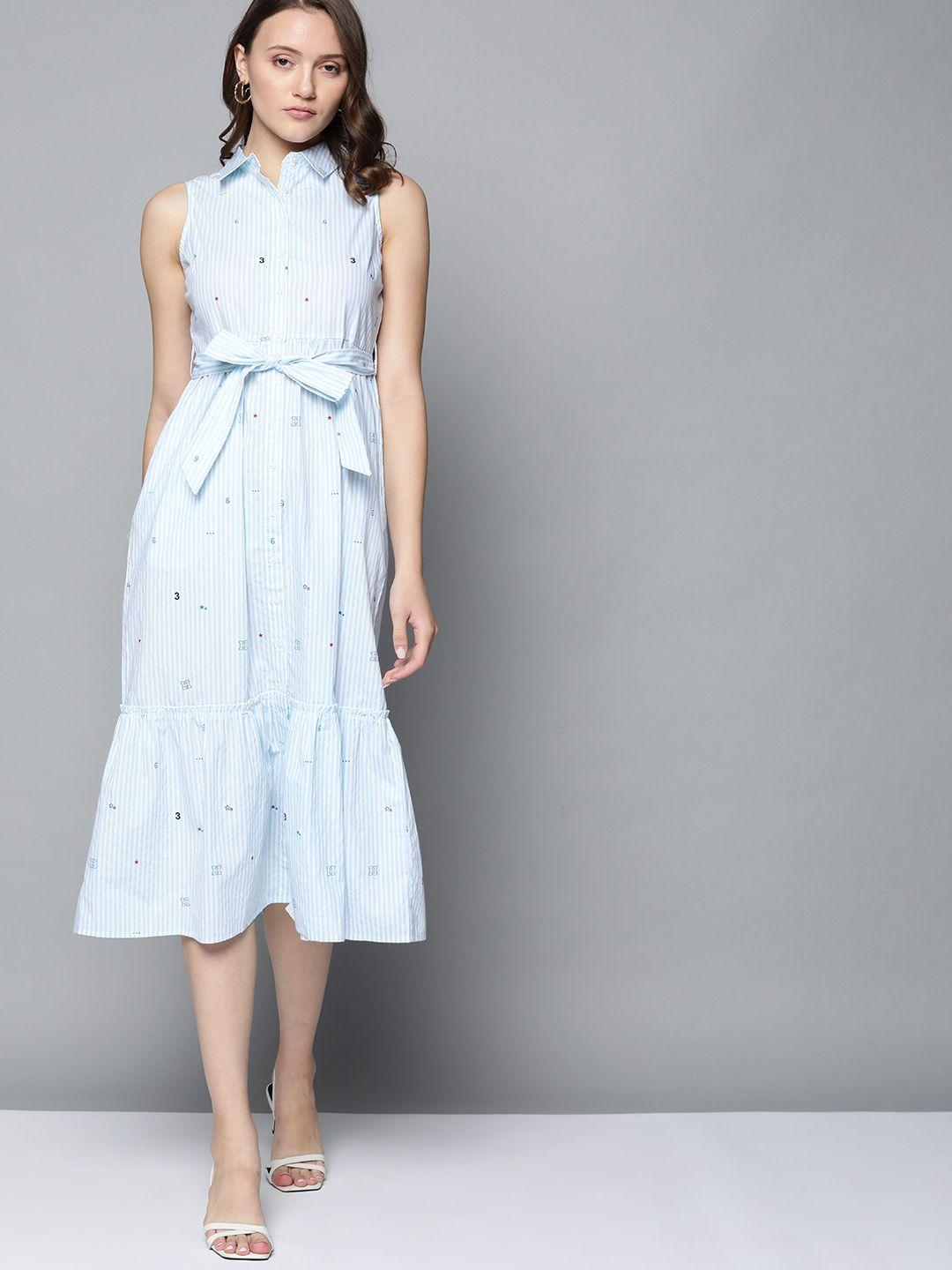 harvard women blue & white pure cotton striped a-line midi dress with a belt