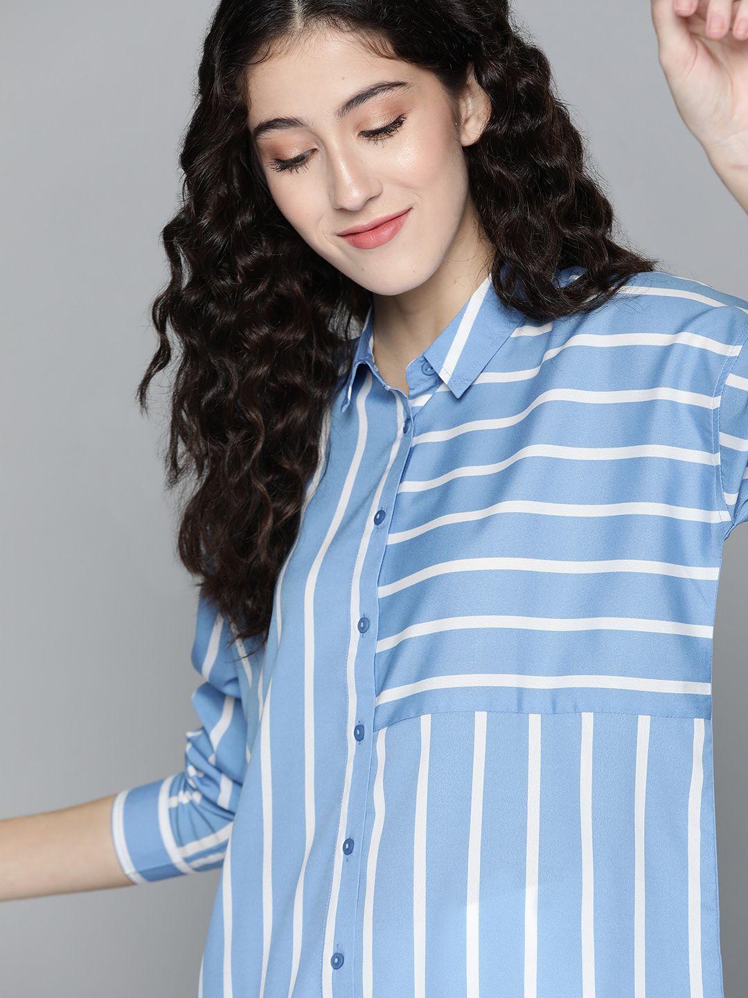 harvard women blue & white striped panelled casual shirt