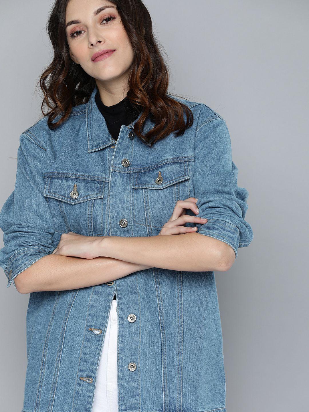 harvard women blue solid longline denim jacket