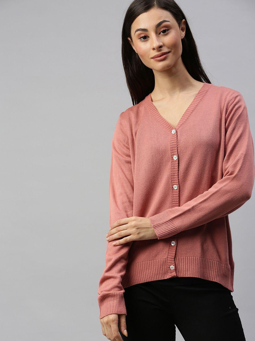 harvard women coral pink solid cardigan sweater