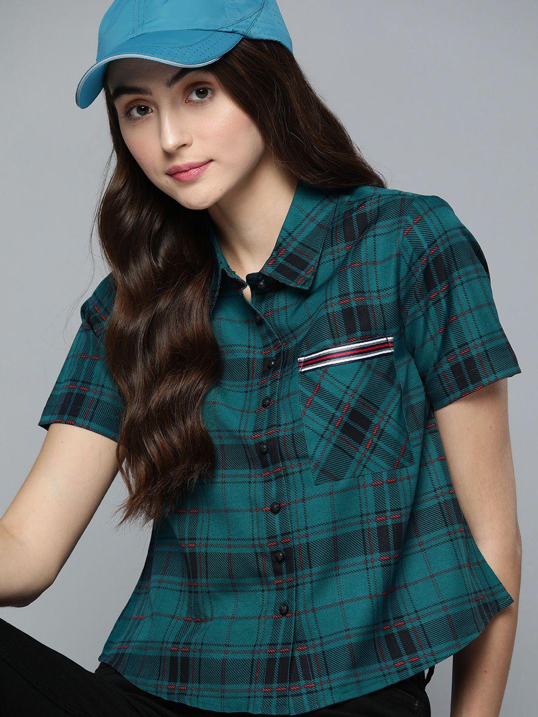 harvard women green & black tartan checked casual shirt