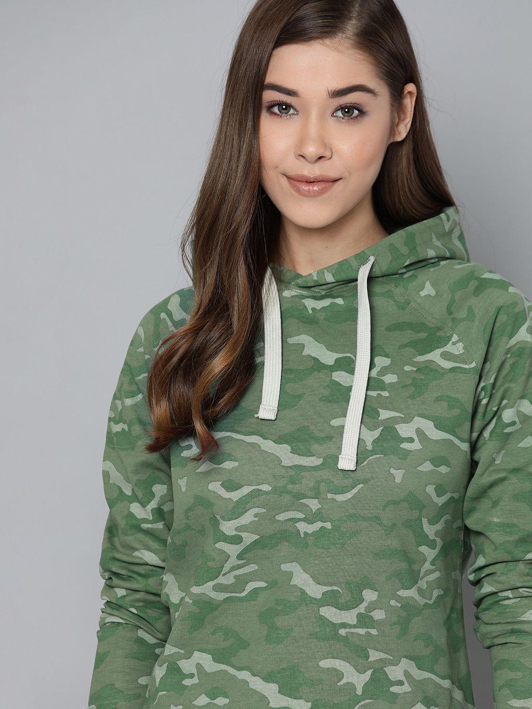 harvard women green & grey camouflage print pure cotton hooded sweatshirt