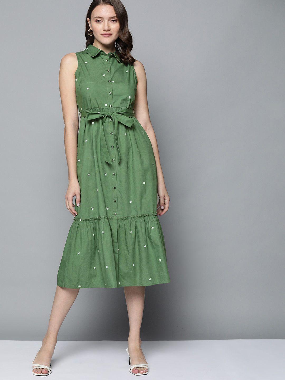 harvard women green & off white pure cotton printed a-line midi dress with a belt