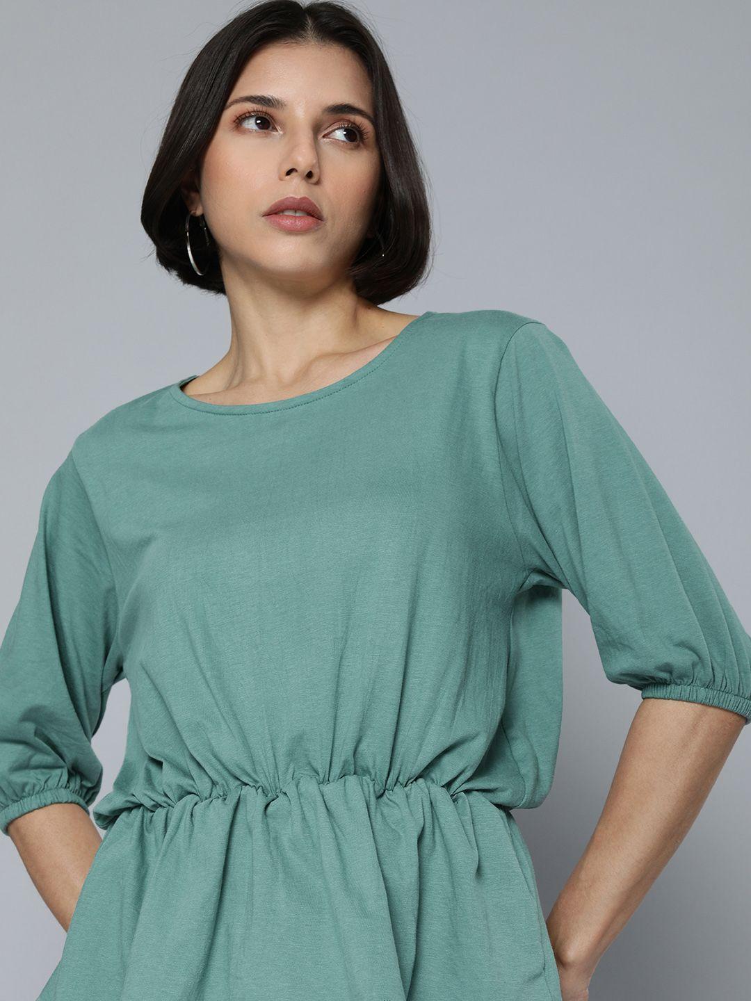 harvard women green solid bishop sleeves cinched waist top