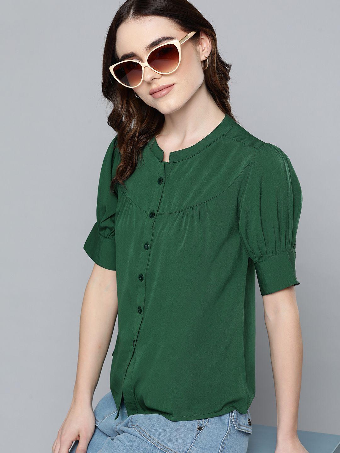 harvard women green solid casual shirt
