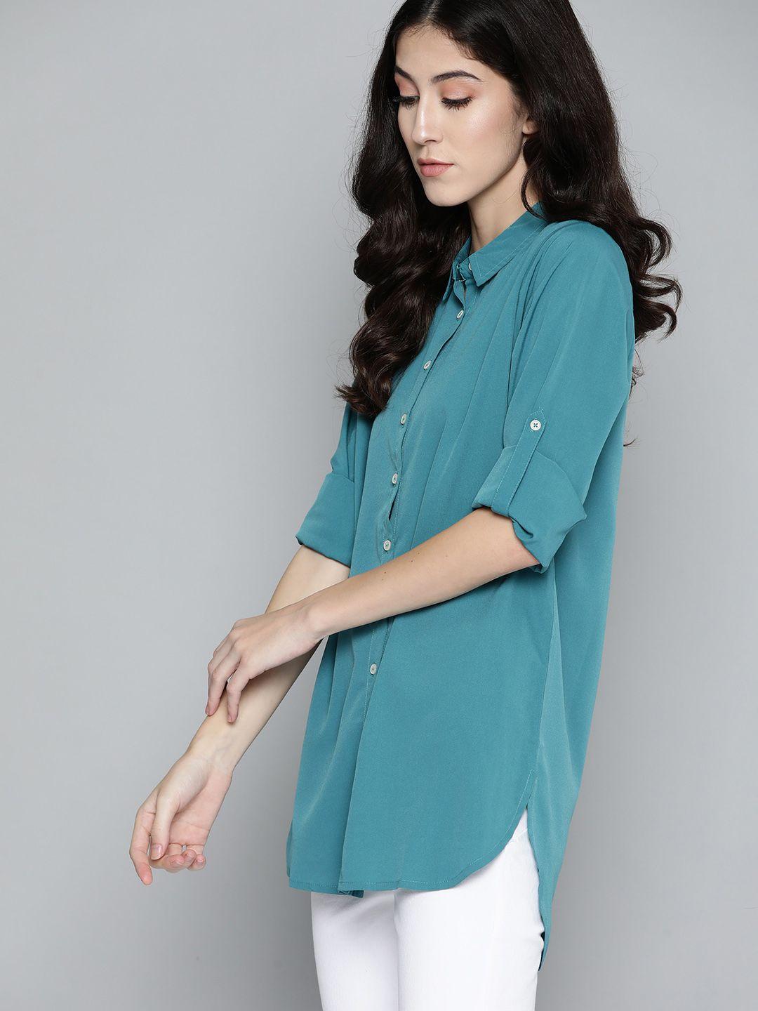 harvard women green solid longline high-low casual shirt