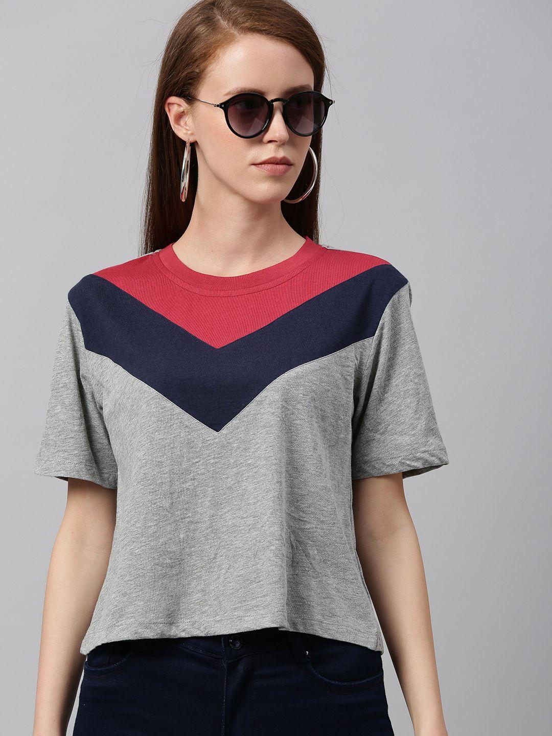 harvard women grey & navy blue colourblocked round neck t-shirt