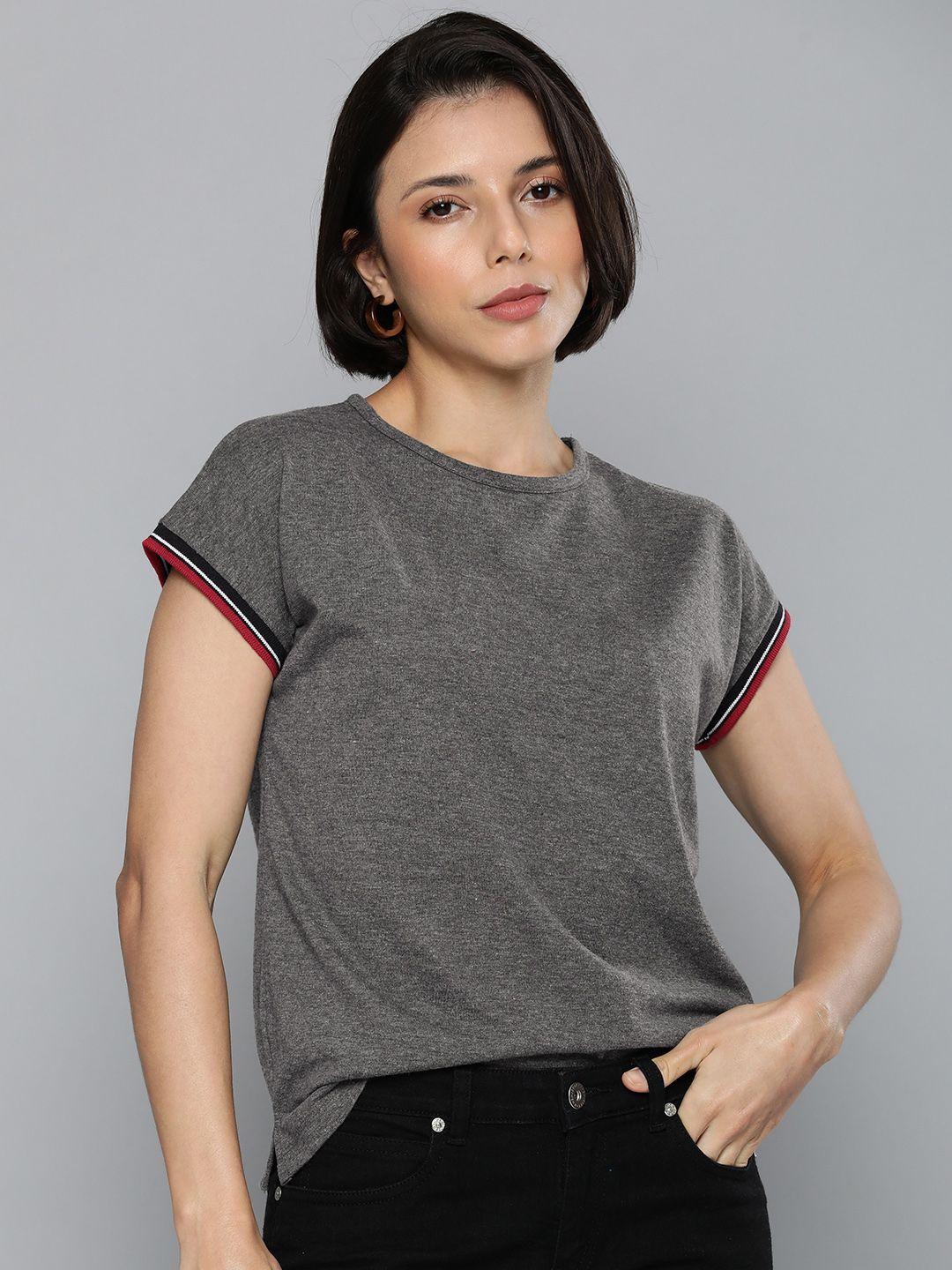 harvard women grey melange solid extended sleeves t-shirt