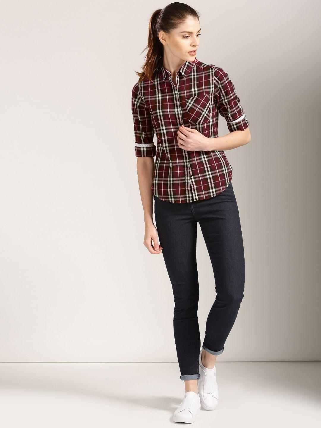 harvard women maroon & white checked casual shirt