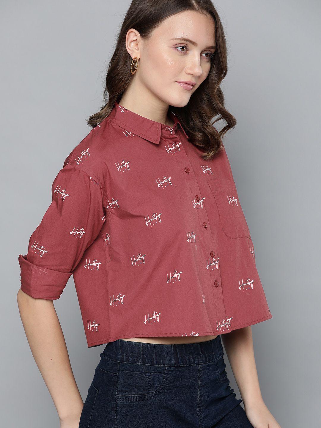 harvard women maroon & white pure cotton printed casual shirt