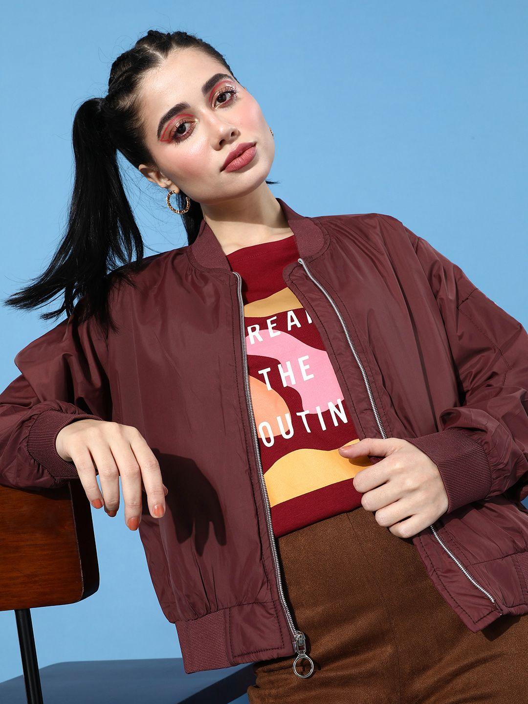 harvard women maroon solid long sleeves bomber jacket