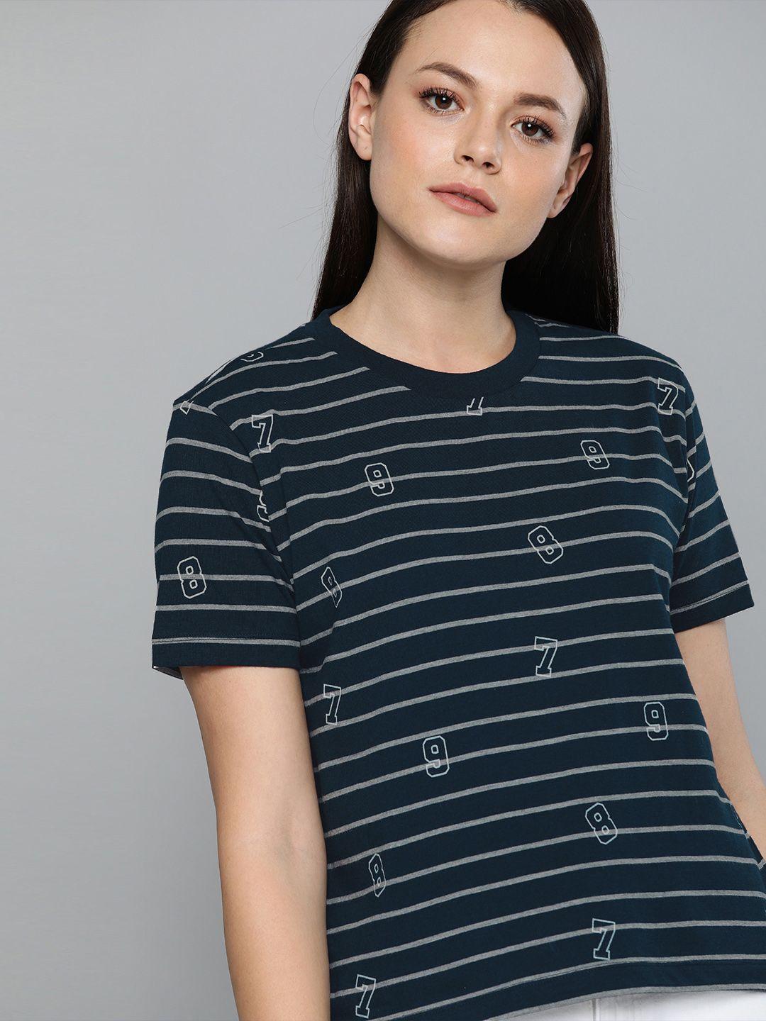 harvard women navy blue & grey melange striped round neck t-shirt