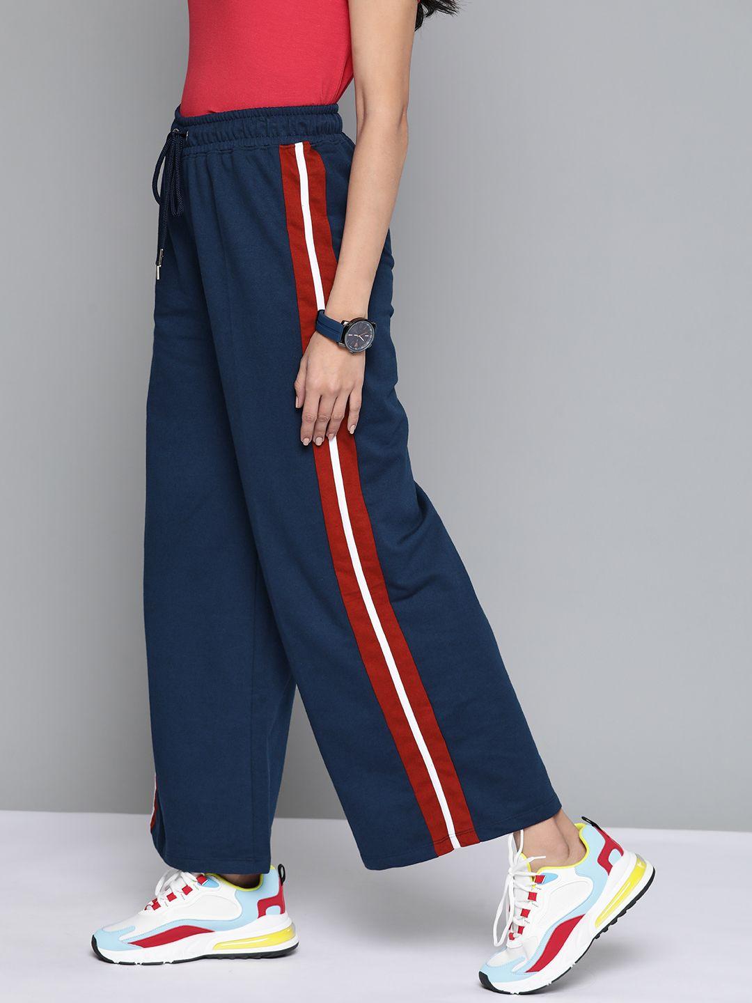 harvard women navy blue & maroon side stripes solid track pants