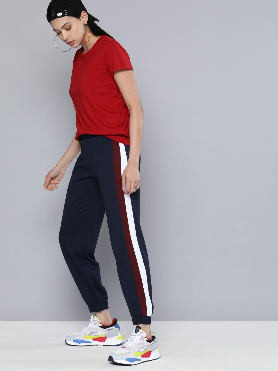 harvard women navy blue & white colourblocked joggers