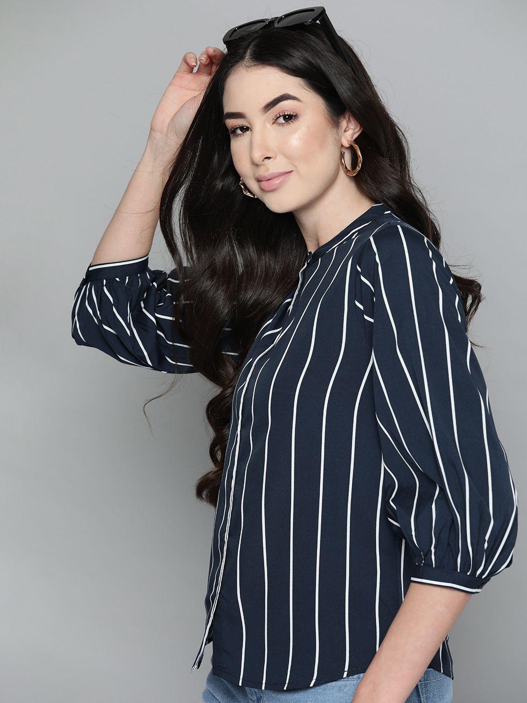 harvard women navy blue & white striped casual shirt